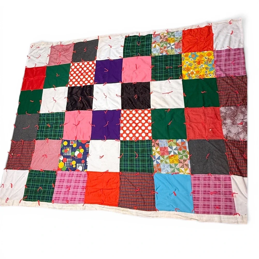 Vintage Handmade Patchwork Tie Quilt Eclectic Boho Mix Pattern Twin 70x84